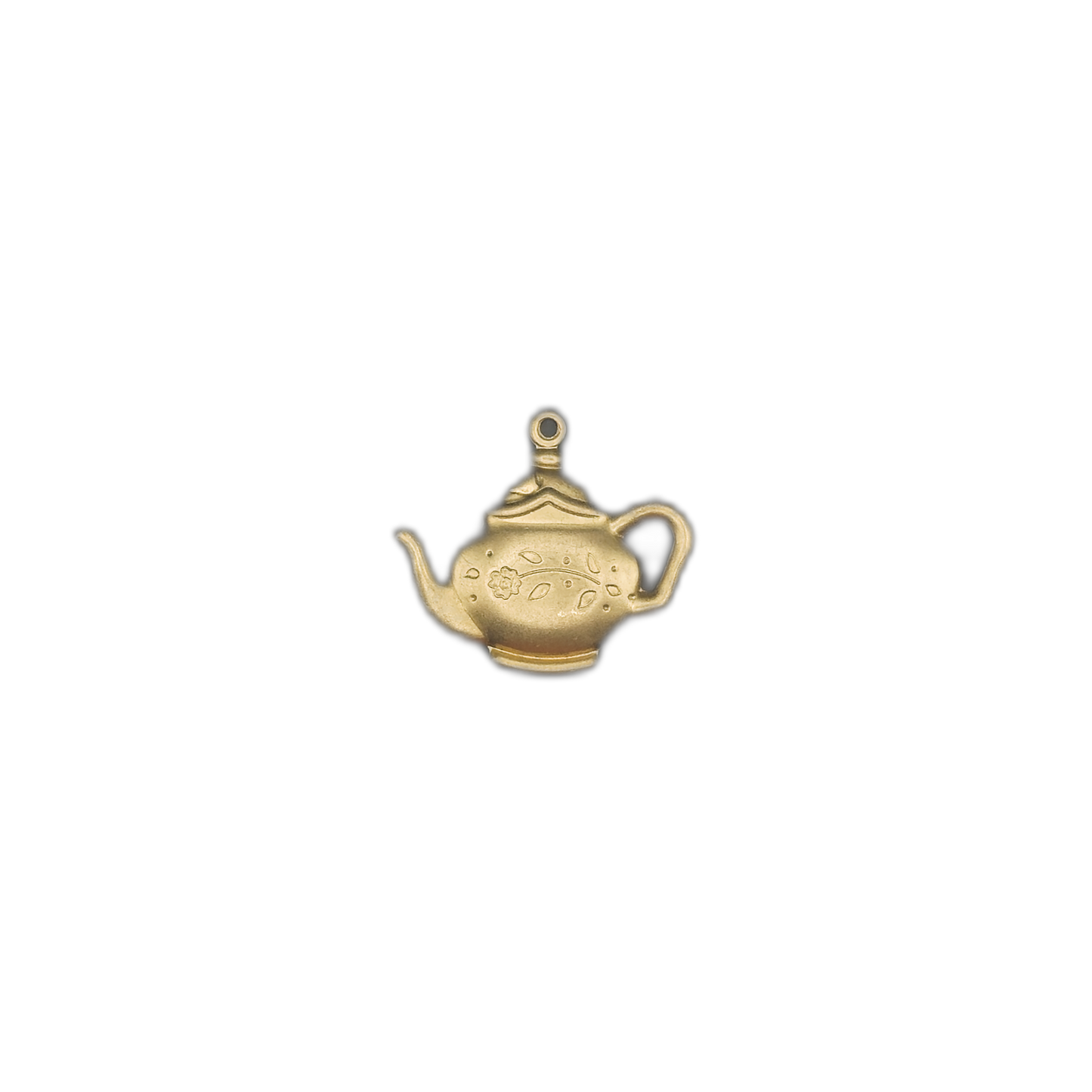 small gold teapot charm centered on a black background