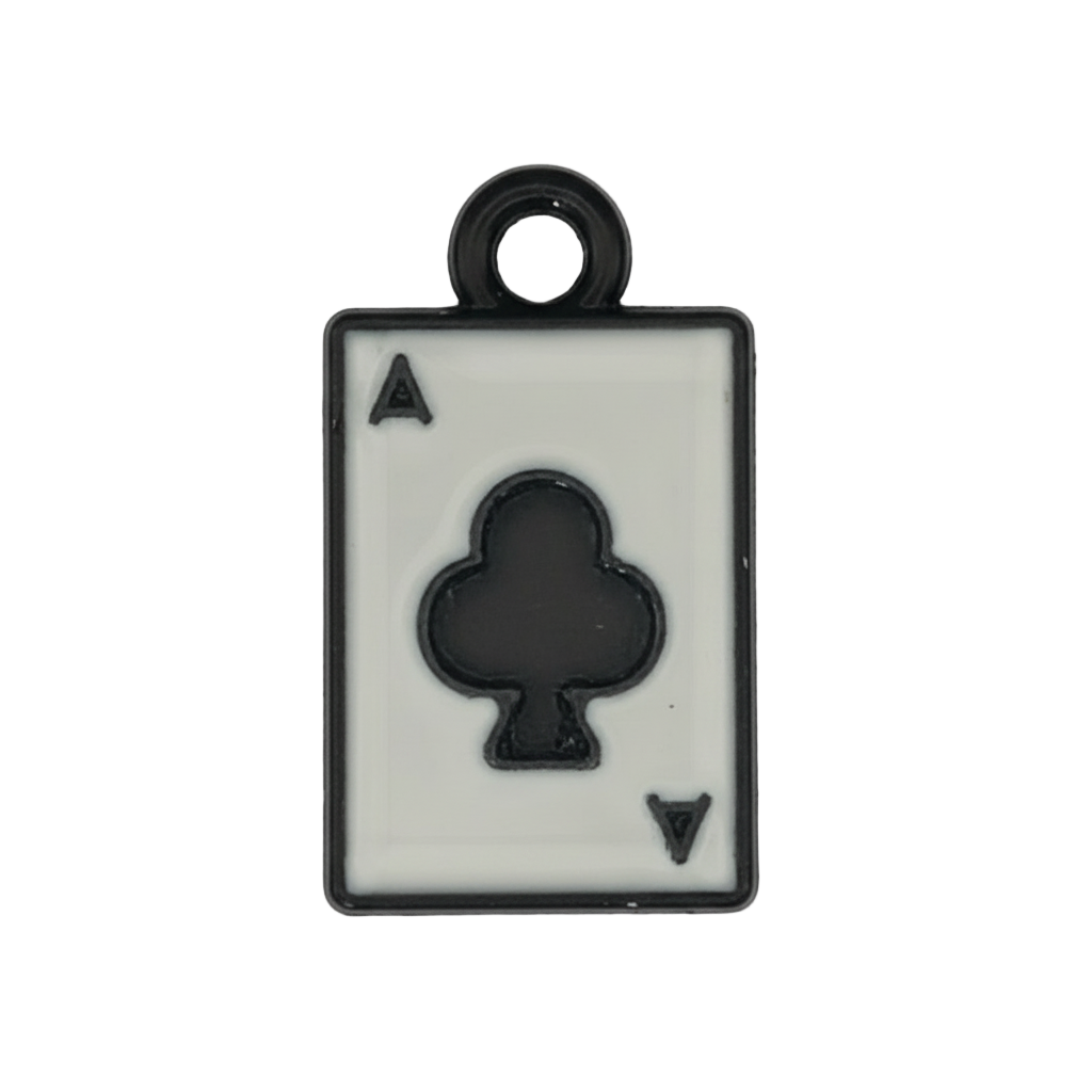 close-up of black and white ace of clubs card charm on a black background