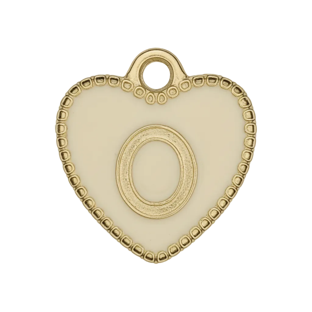 close-up of cream enamel heart charm with gold letter O