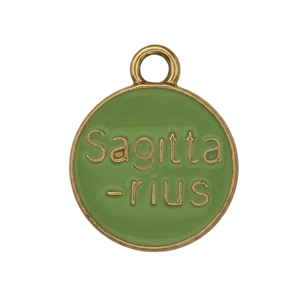 close-up of round green enamel charm with gold 'Sagittarius' text
