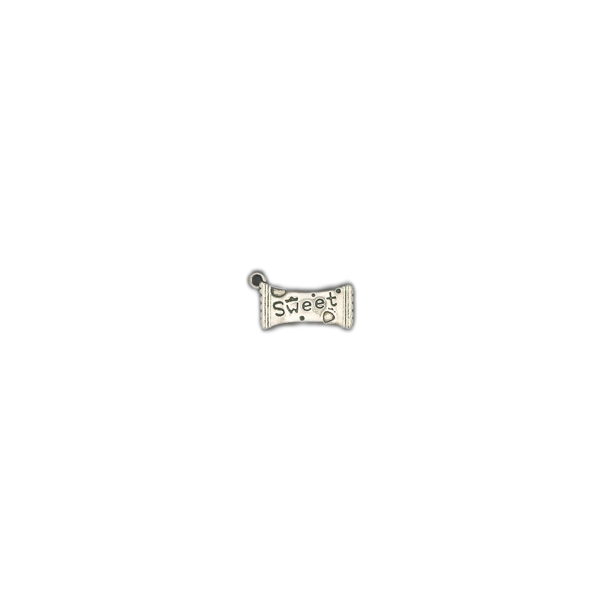 small silver candy wrapper charm reading sweet