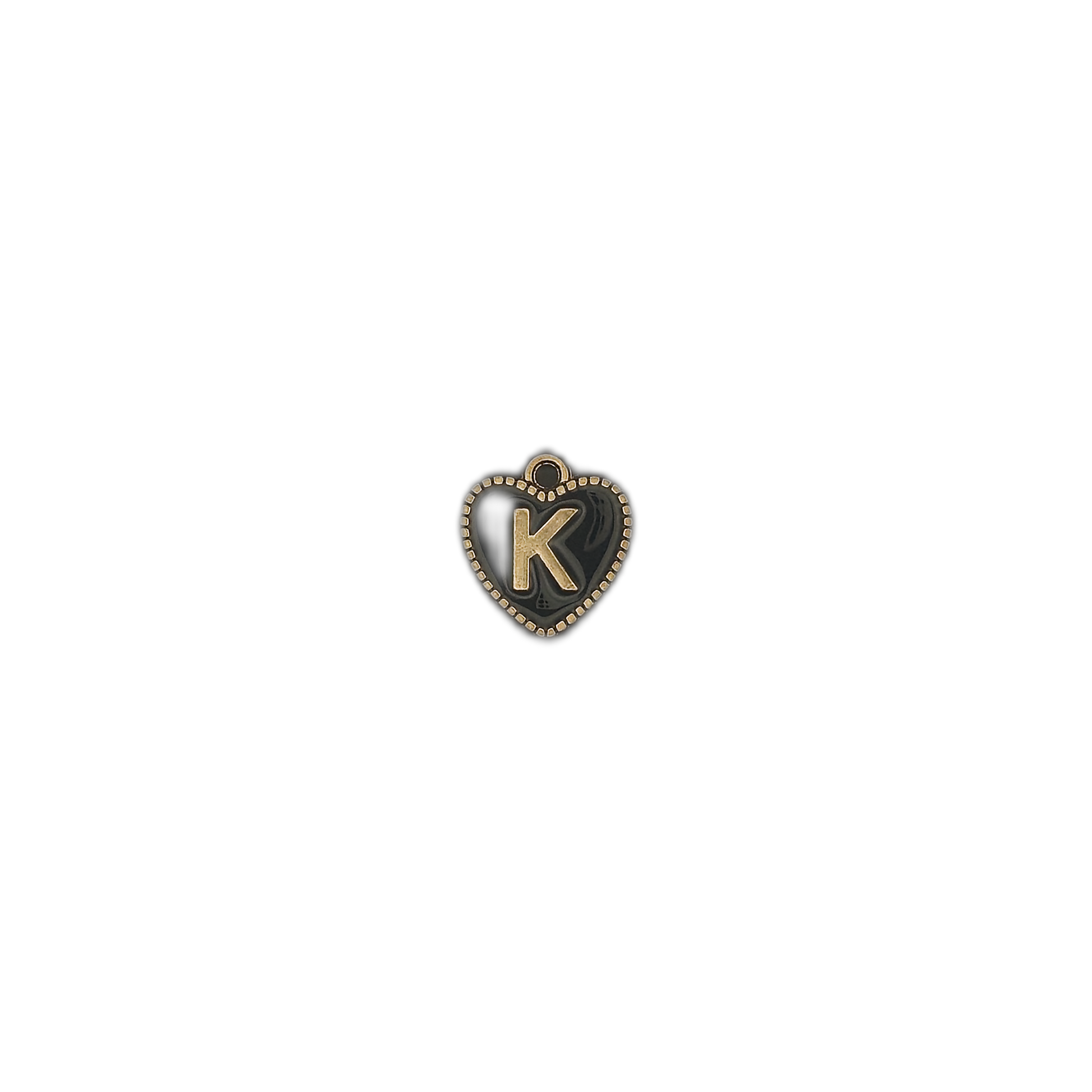 small black heart charm with a gold letter K centered on a black background