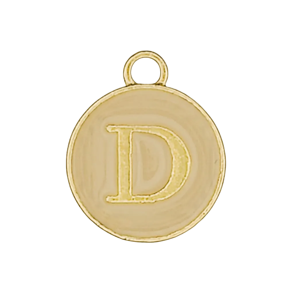 close-up of round gold initial D charm