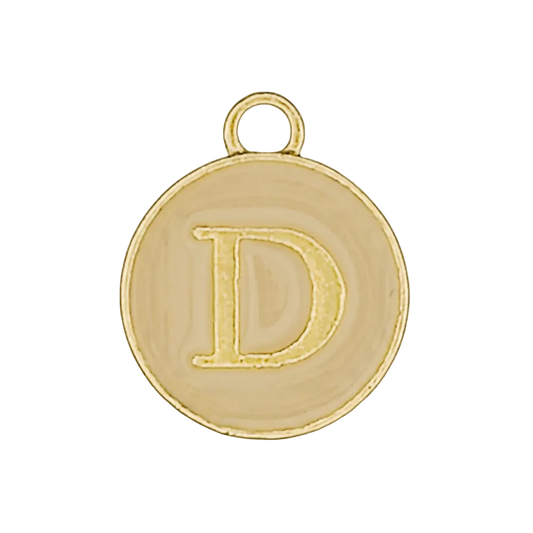 close-up of round gold initial D charm