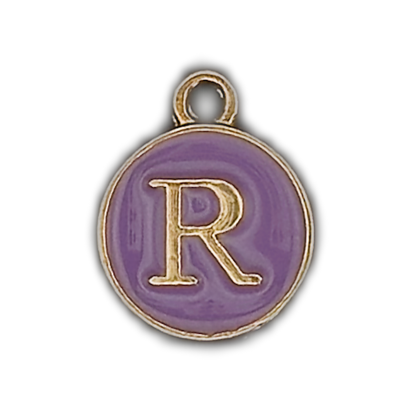 close-up of round purple enamel charm with gold letter R