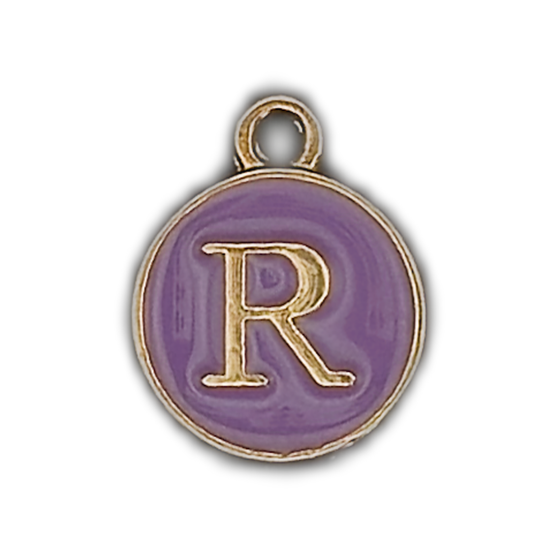 close-up of round purple enamel charm with gold letter R