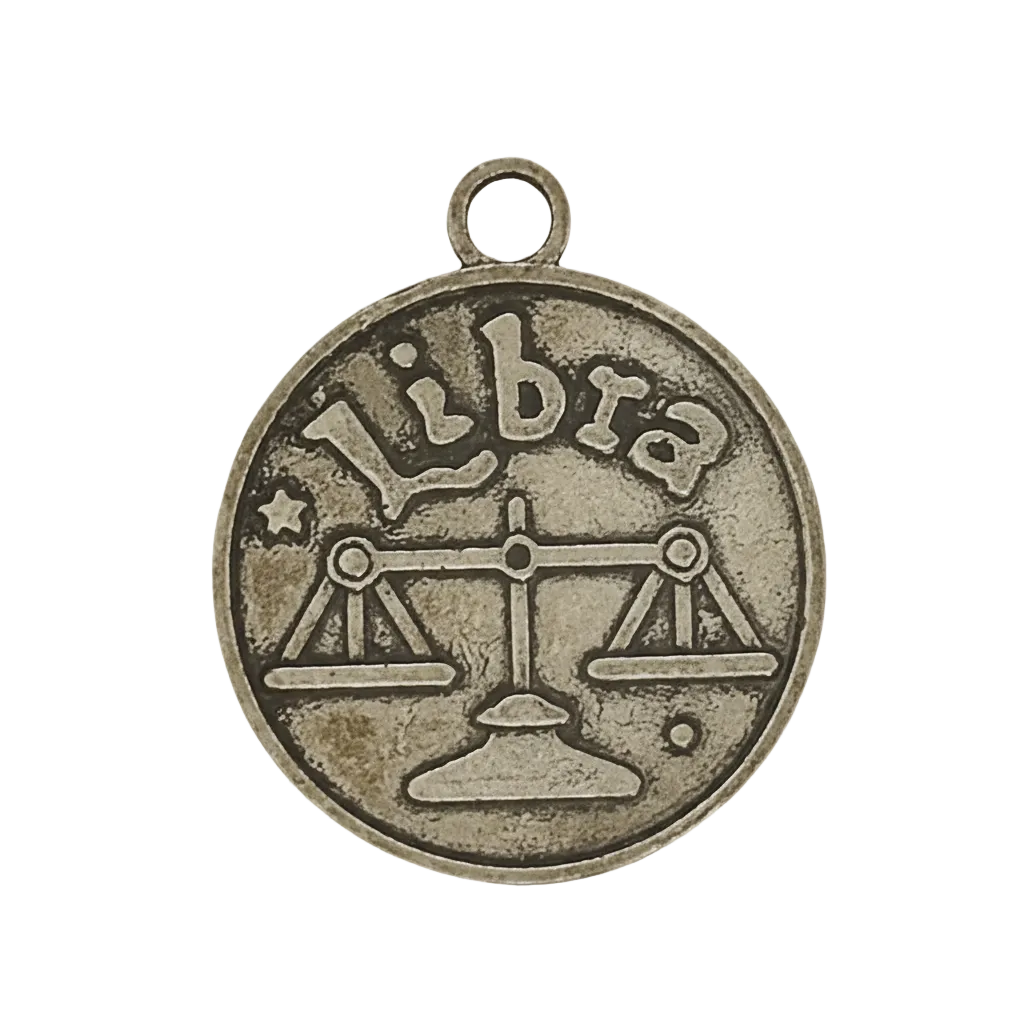 close-up of round bronze libra zodiac charm with scales and the word libra
