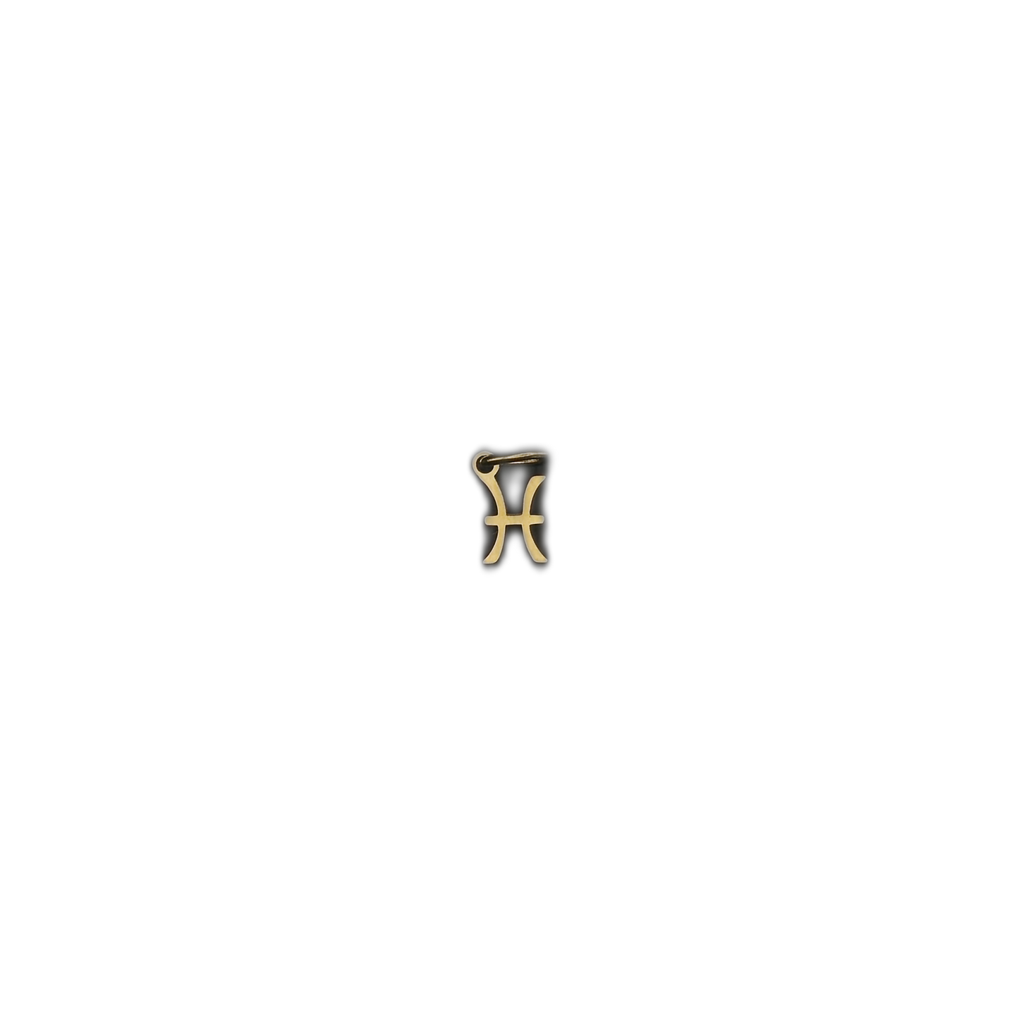 Small gold-tone Pisces symbol charm shown against a black background.