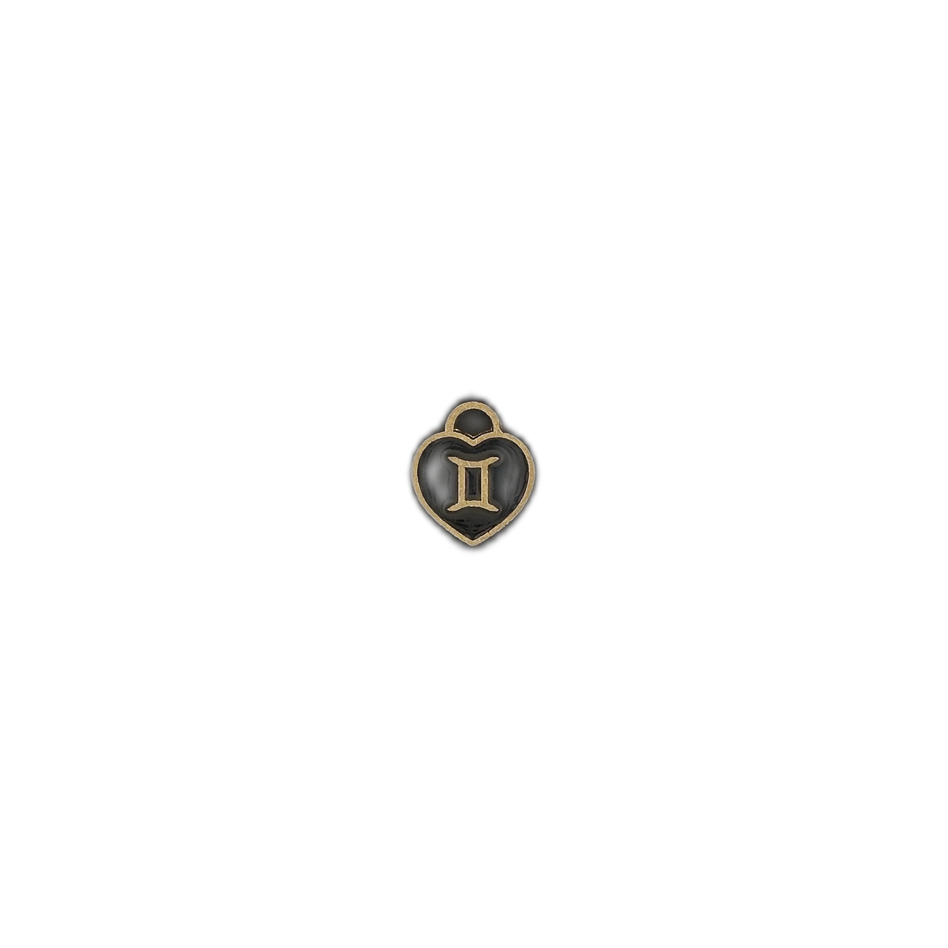 Small black heart Gemini charm centered on a black background.