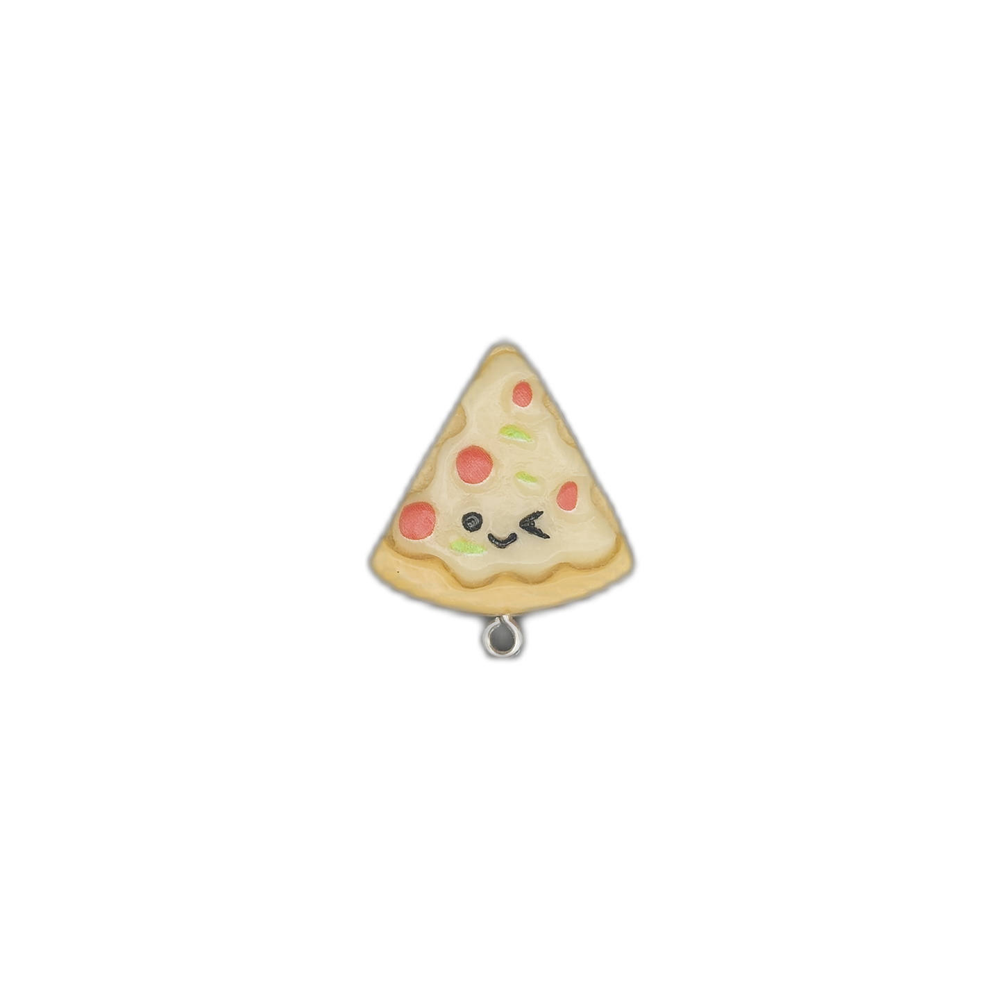 small pizza slice face charm centered on a black background