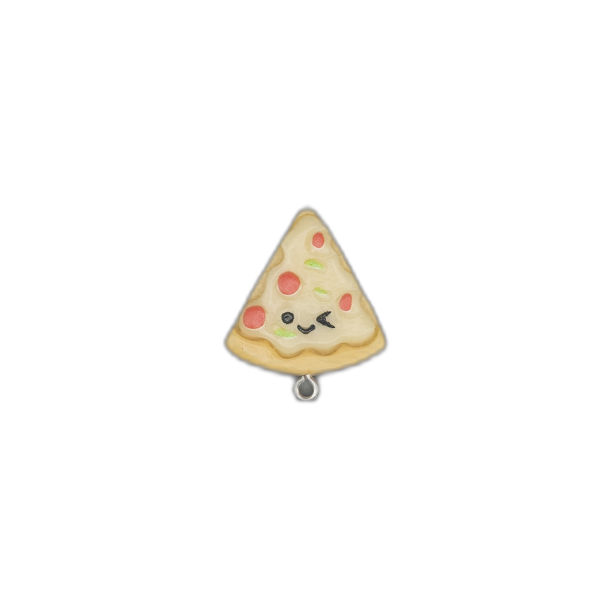 small pizza slice face charm centered on a black background