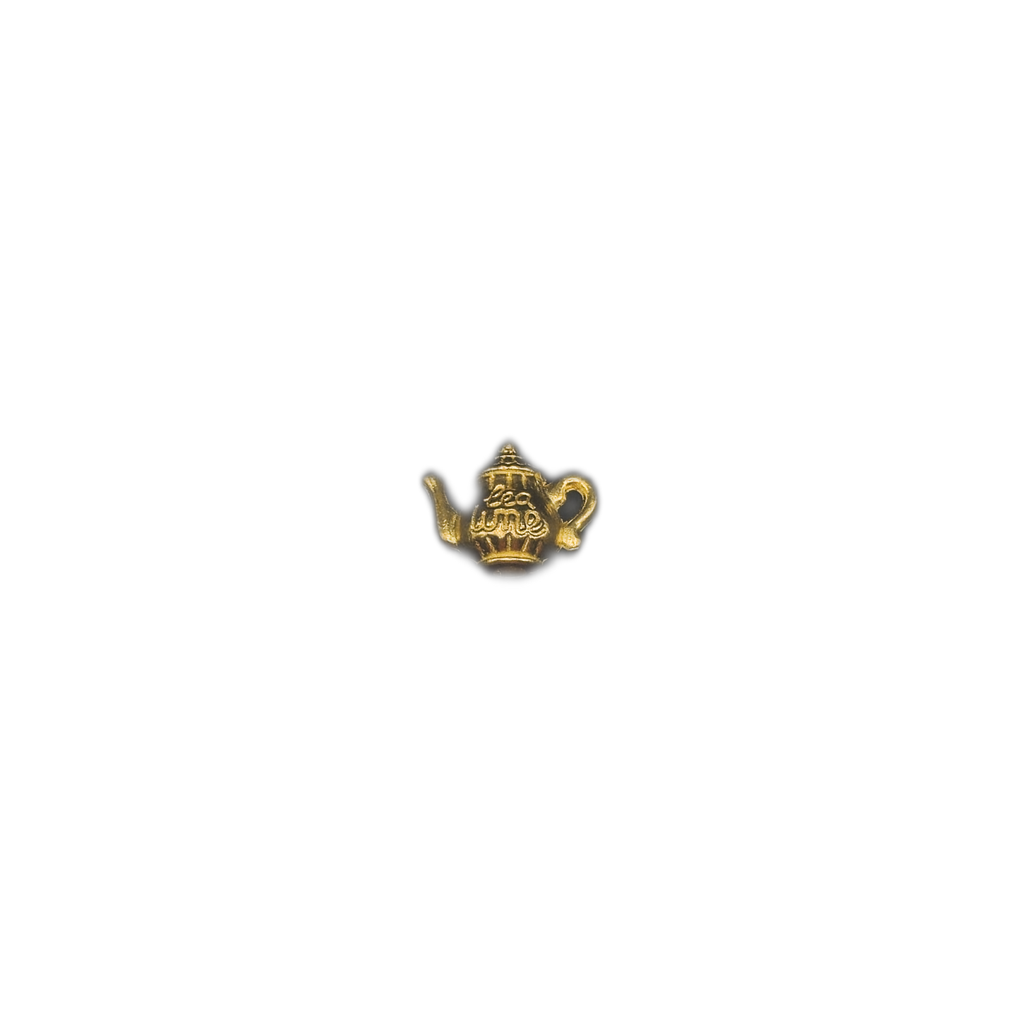 Small antique gold teapot charm centered on a black background.