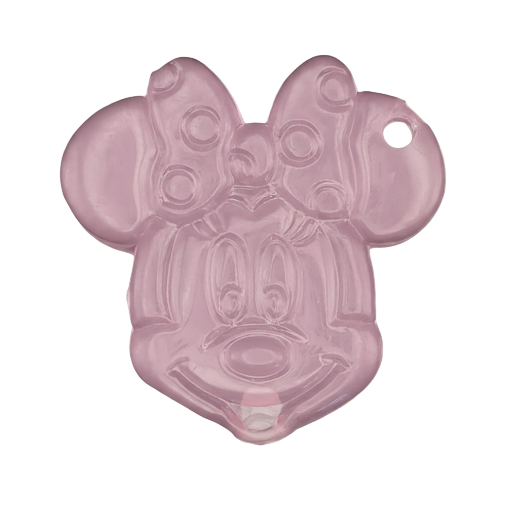 close-up of translucent pink mouse face charm with a bow