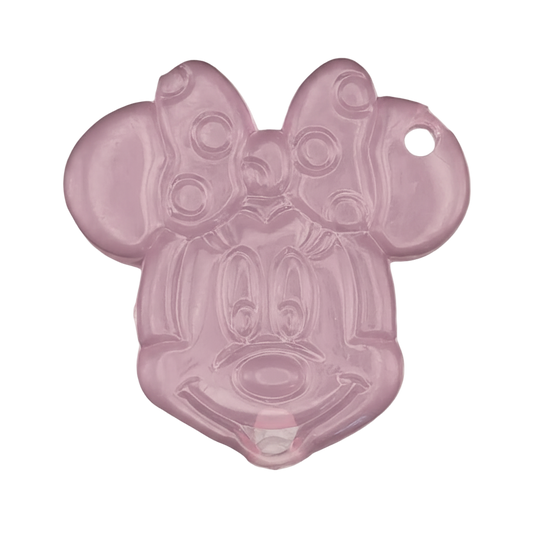 close-up of translucent pink mouse face charm with a bow