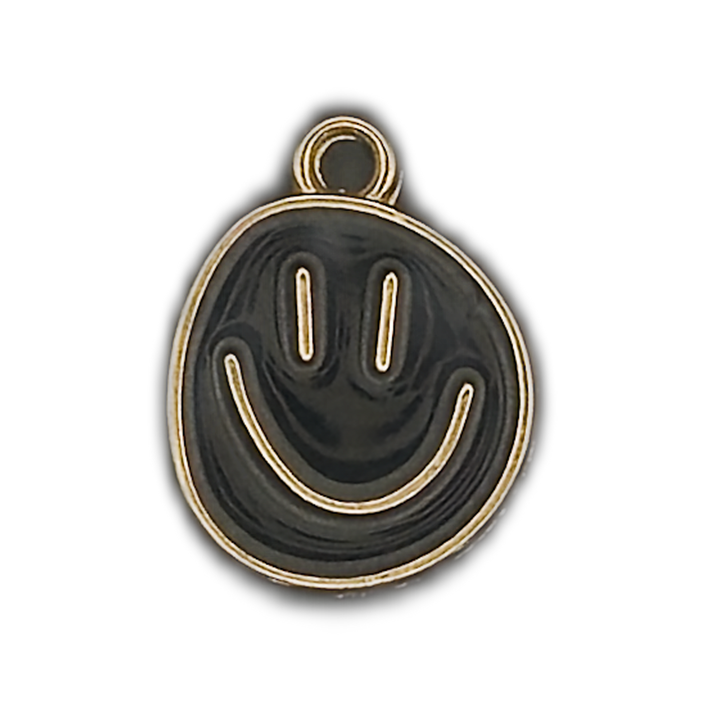 close-up of a black enamel smiley face charm with gold-tone outline