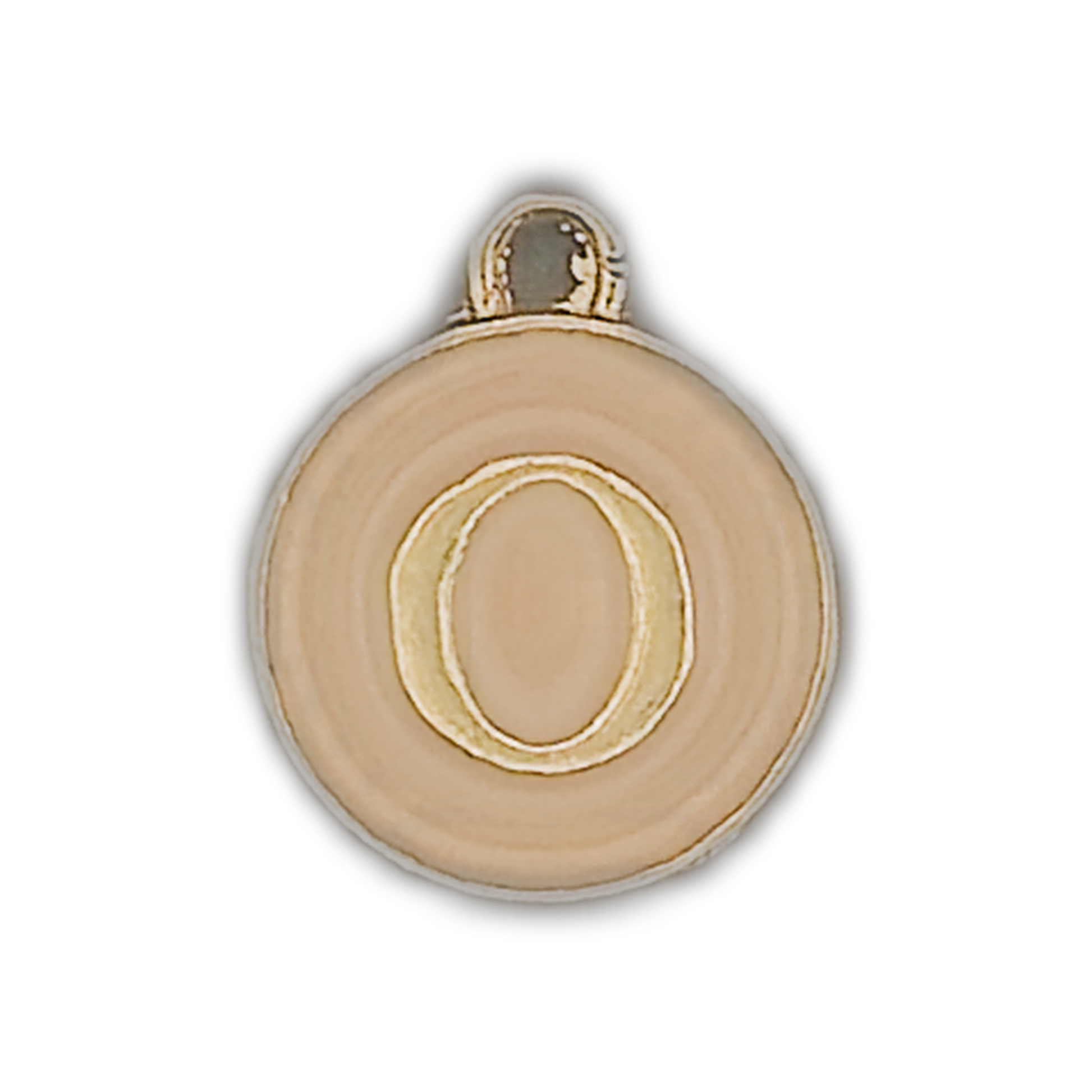 close-up of round beige charm with gold letter O