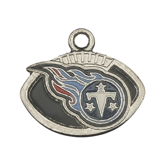 close-up of silver-tone football-shaped charm with blue and red enamel emblem