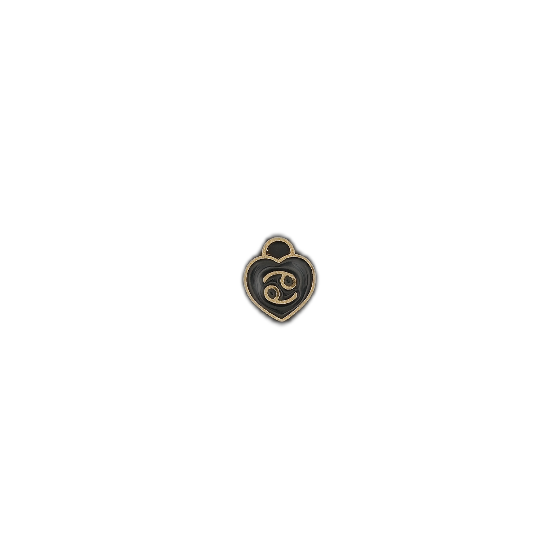 small black heart Cancer zodiac charm centered on a black background