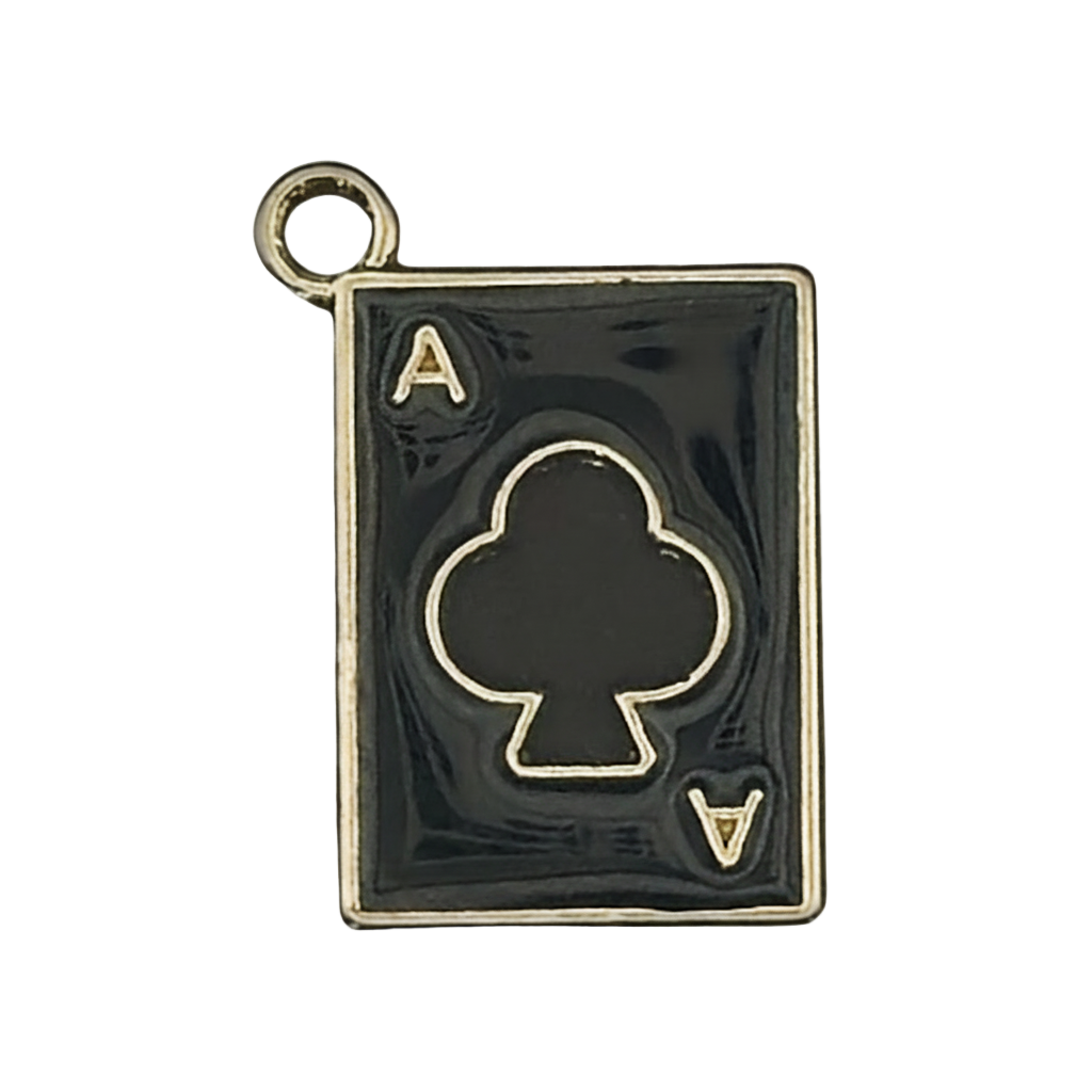 close-up of black and gold ace of clubs playing card charm