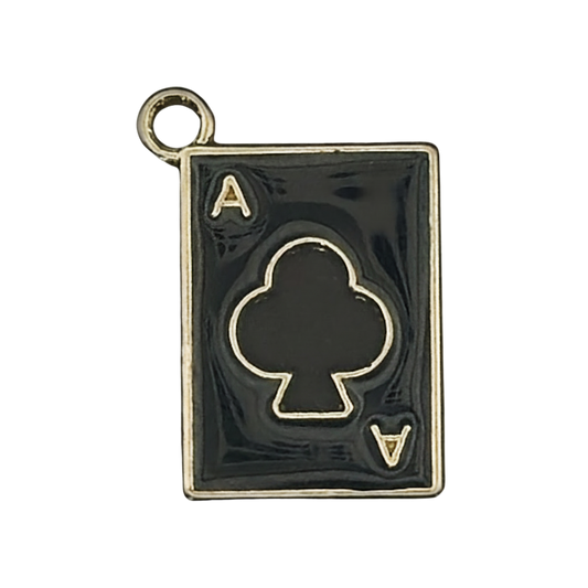 close-up of black and gold ace of clubs playing card charm