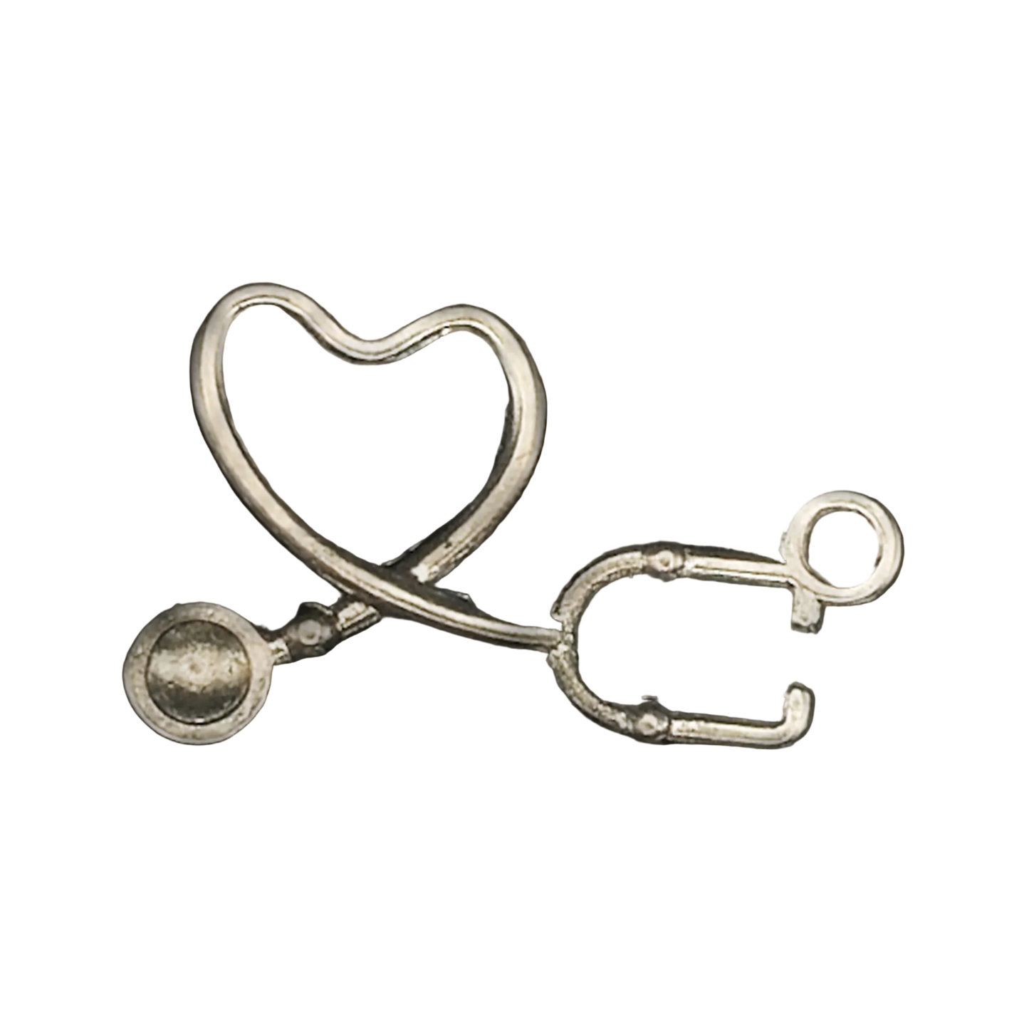 Close-up of a silver stethoscope charm with tubing shaped as a heart on a black background.