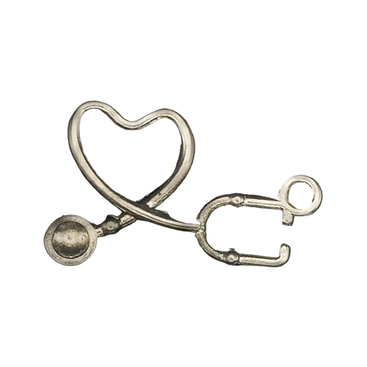 Close-up of a silver stethoscope charm with tubing shaped as a heart on a black background.