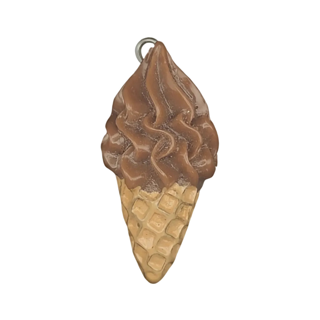 close-up of chocolate ice cream cone charm on black background