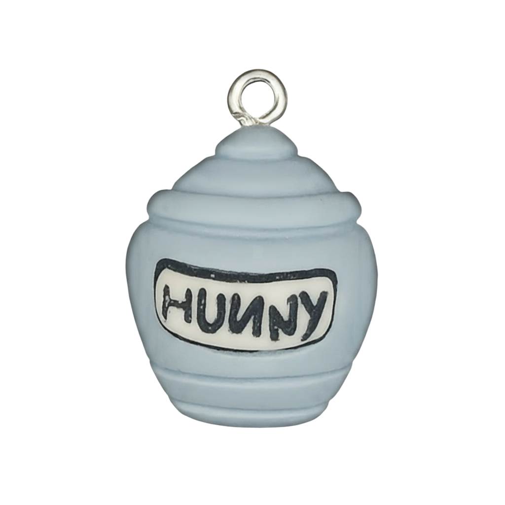 close-up of light blue pot-shaped charm with 'HUNNY' label