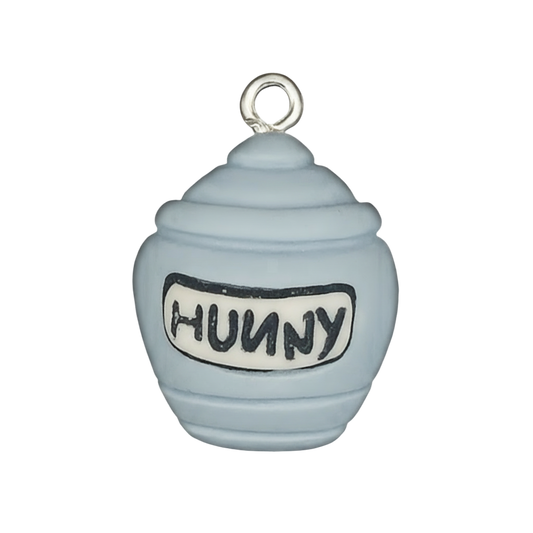 close-up of light blue pot-shaped charm with 'HUNNY' label