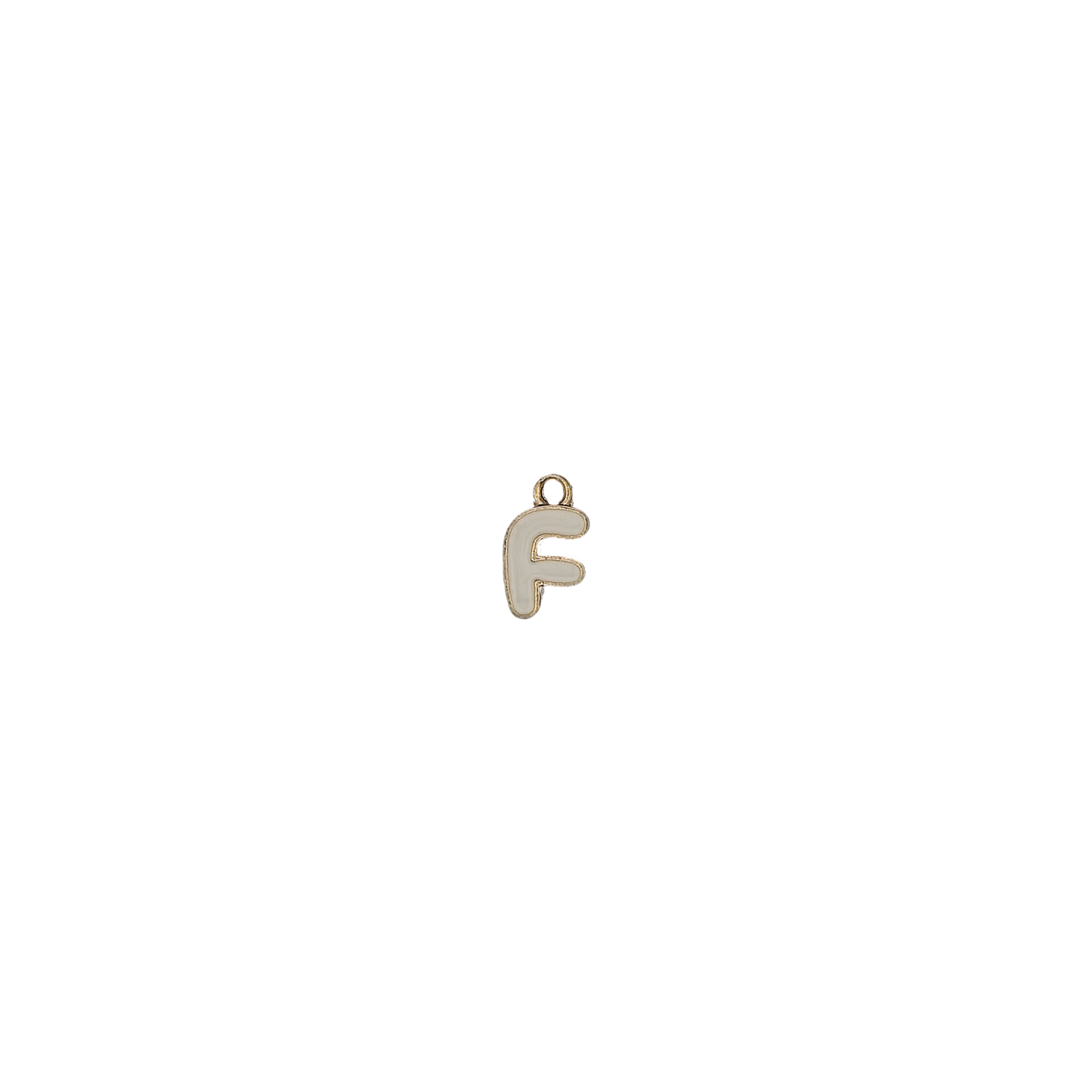 white enamel letter F charm with gold-tone edges
