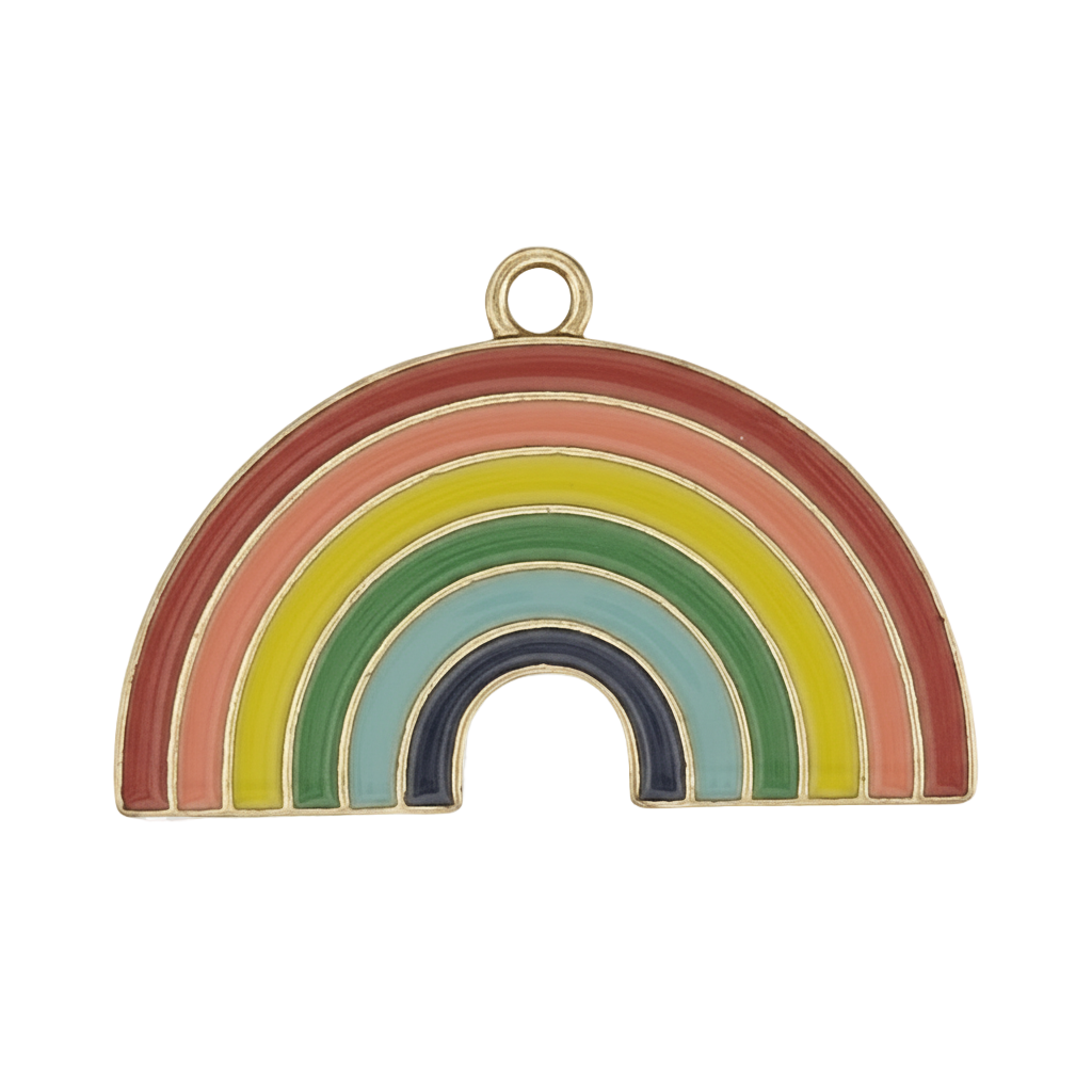 close-up of gold-outlined multicolor enamel rainbow charm on black background