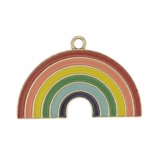 close-up of gold-outlined multicolor enamel rainbow charm on black background