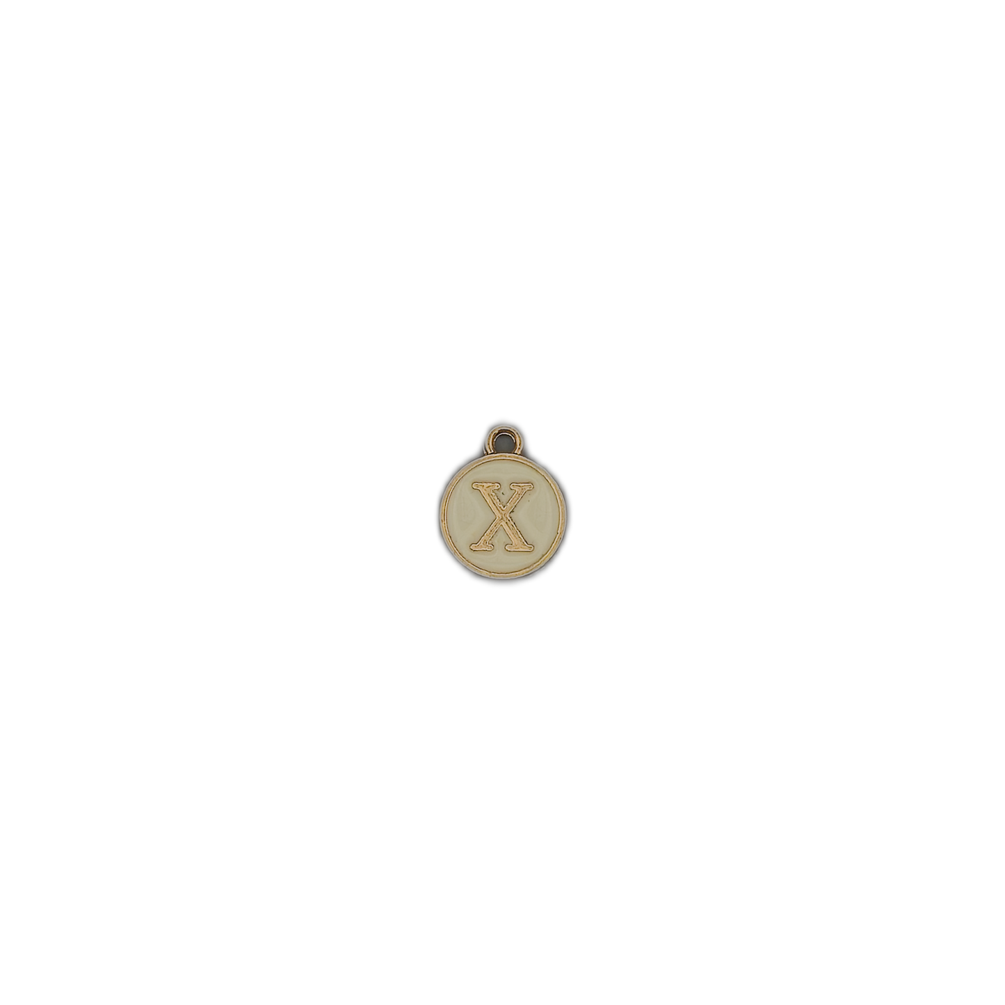 small round letter X charm centered on black background