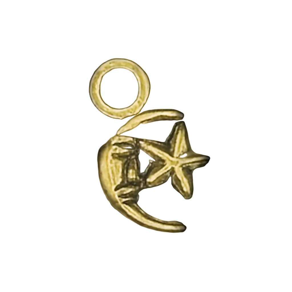 close-up of small gold crescent moon and star charm on black background