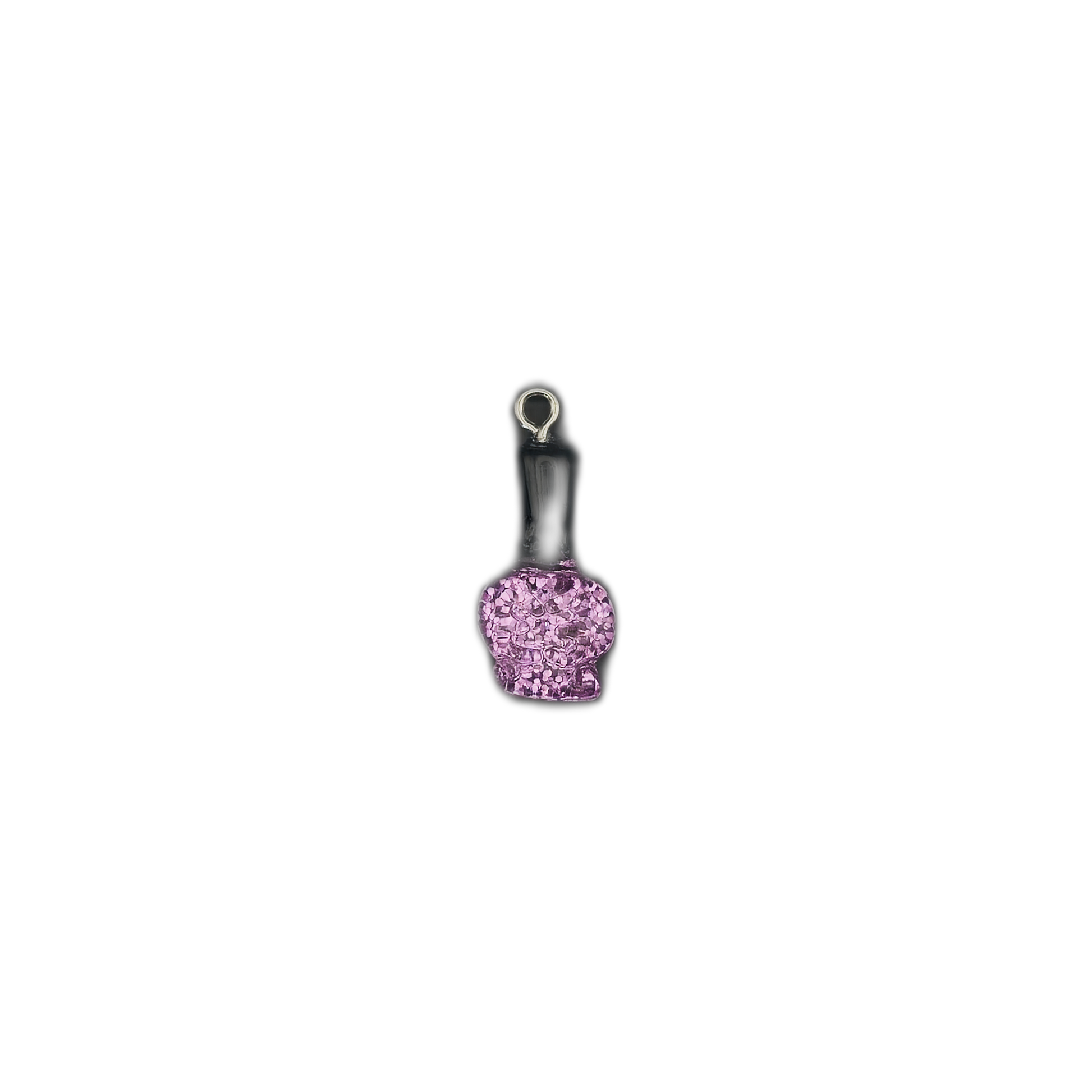 small nail polish bottle charm with black cap and pink glitter body centered on black background