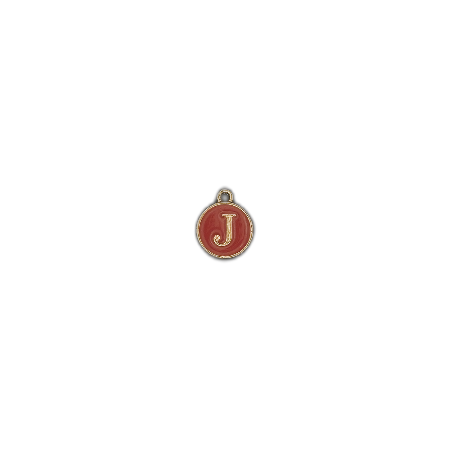 small round red enamel charm with gold J centered on a black background