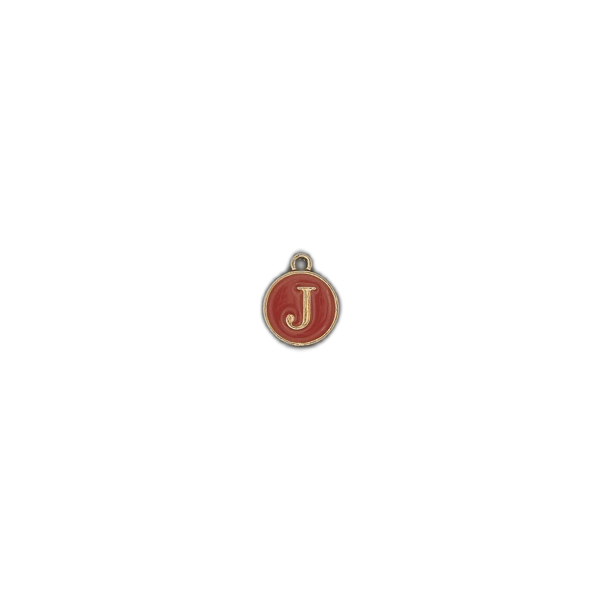 small round red enamel charm with gold J centered on a black background