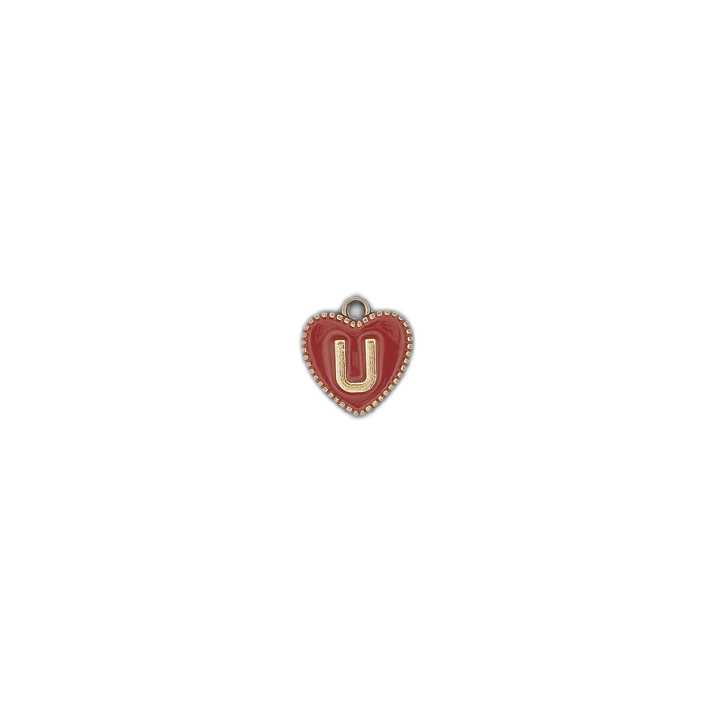 small red heart charm with gold U centered on a black background