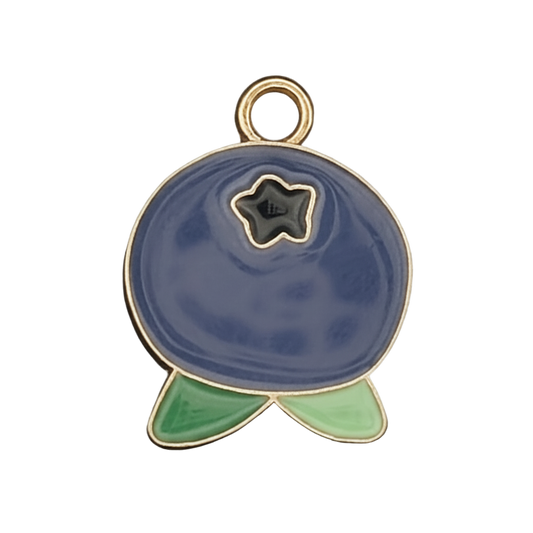 close-up of blueberry-shaped enamel charm with green leaves and gold-tone outline