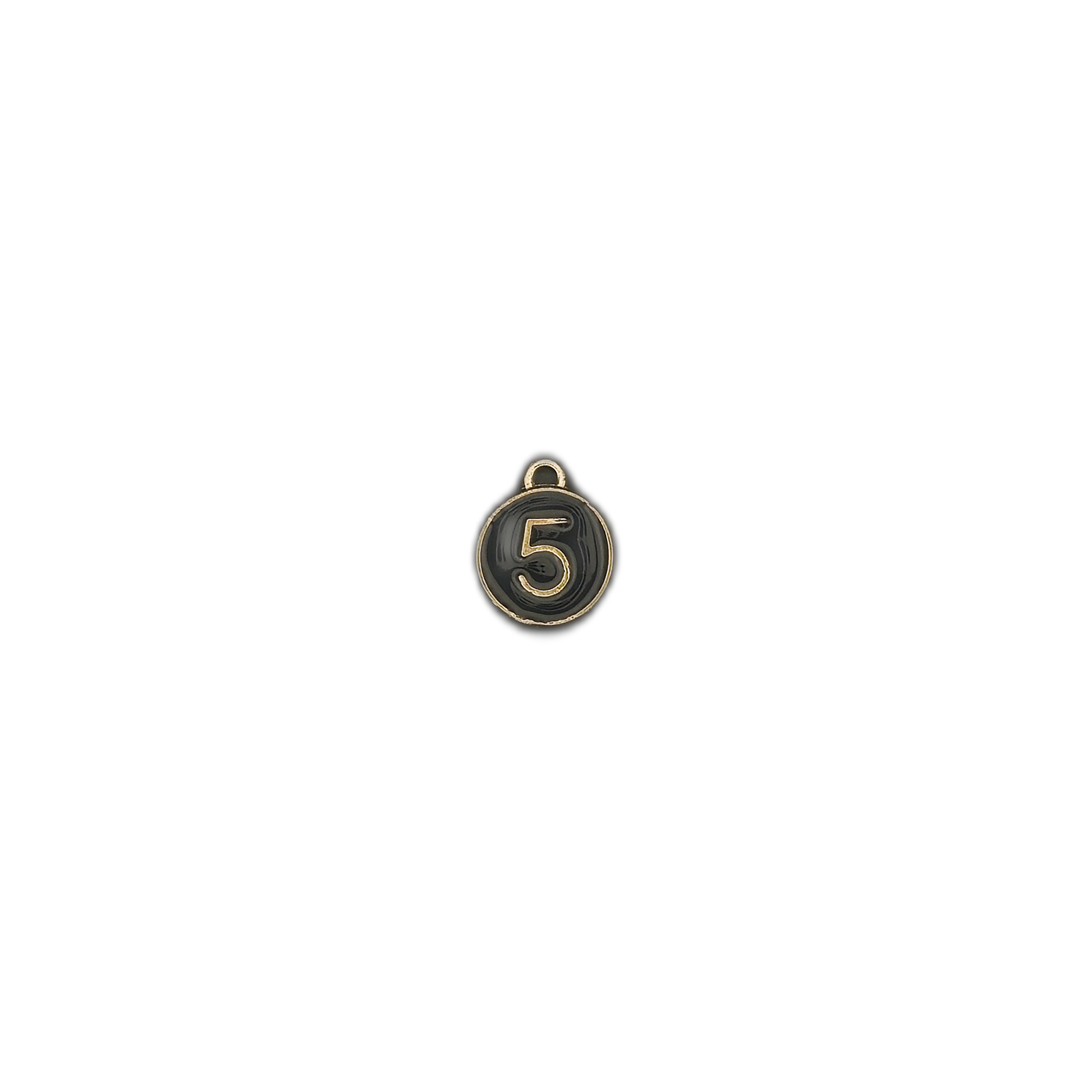 small round black charm with gold number 5 centered on a black background