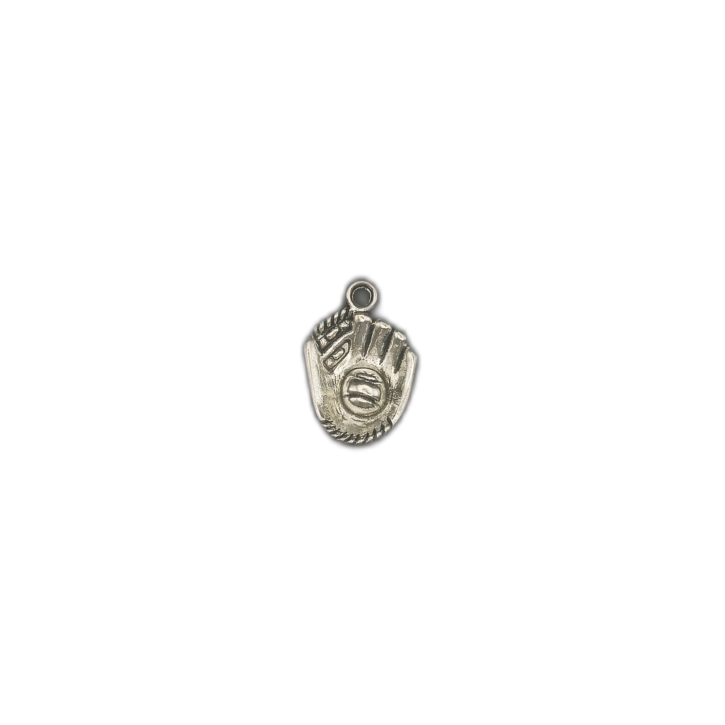 Small silver baseball glove charm centered on a black background