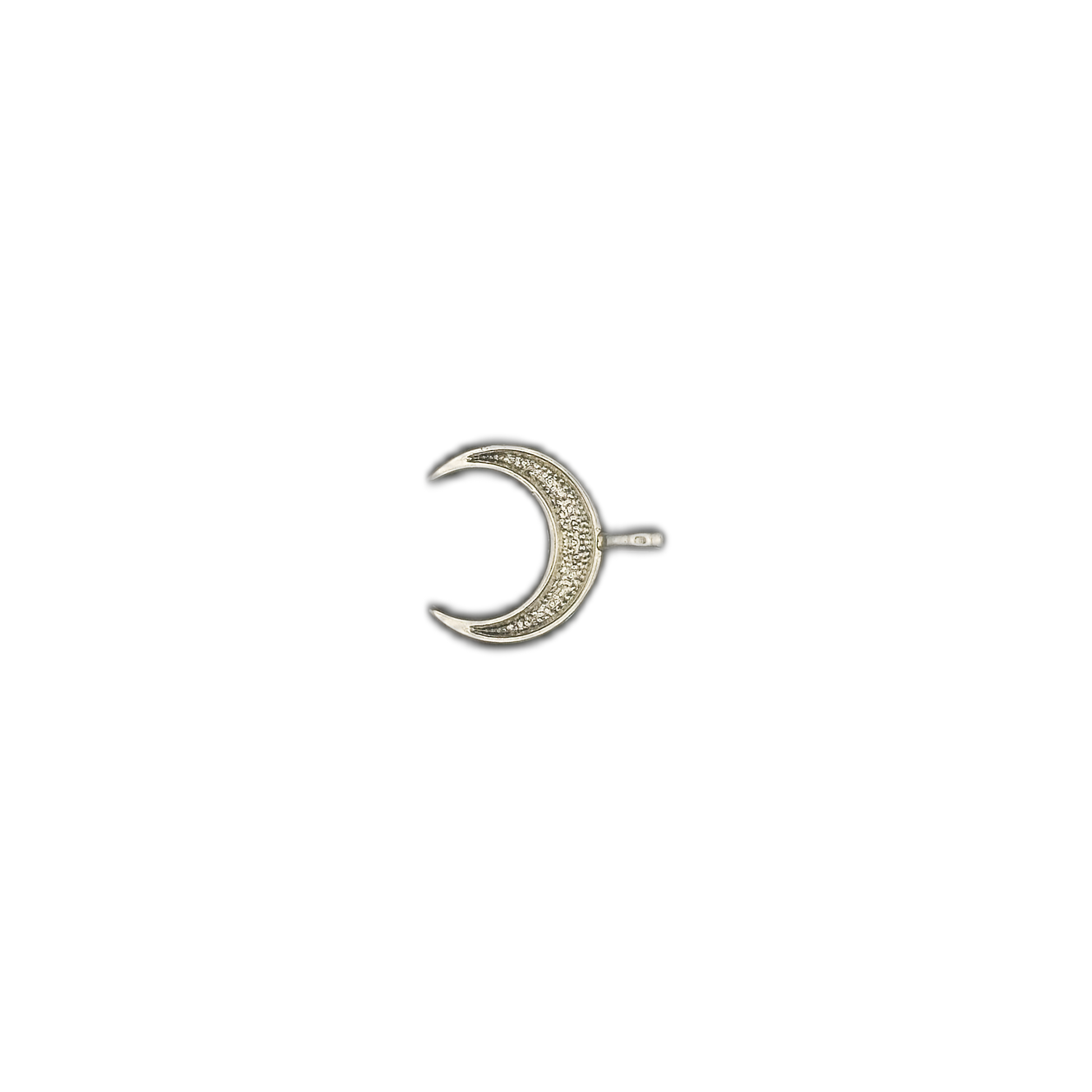 silver crescent moon charm with clear stones centered on a black background