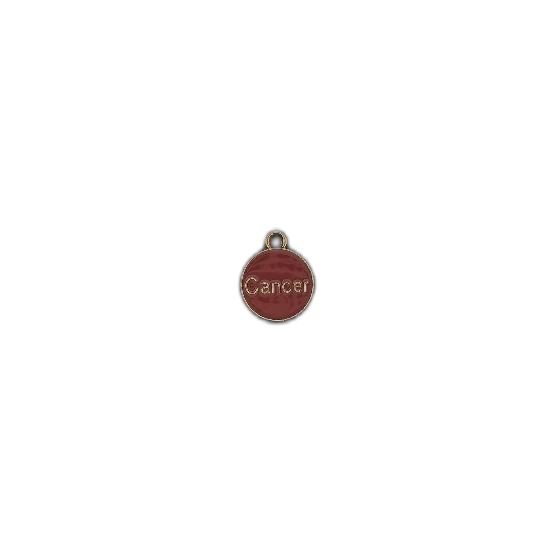small red enamel round charm reading "Cancer" in gold-tone letters