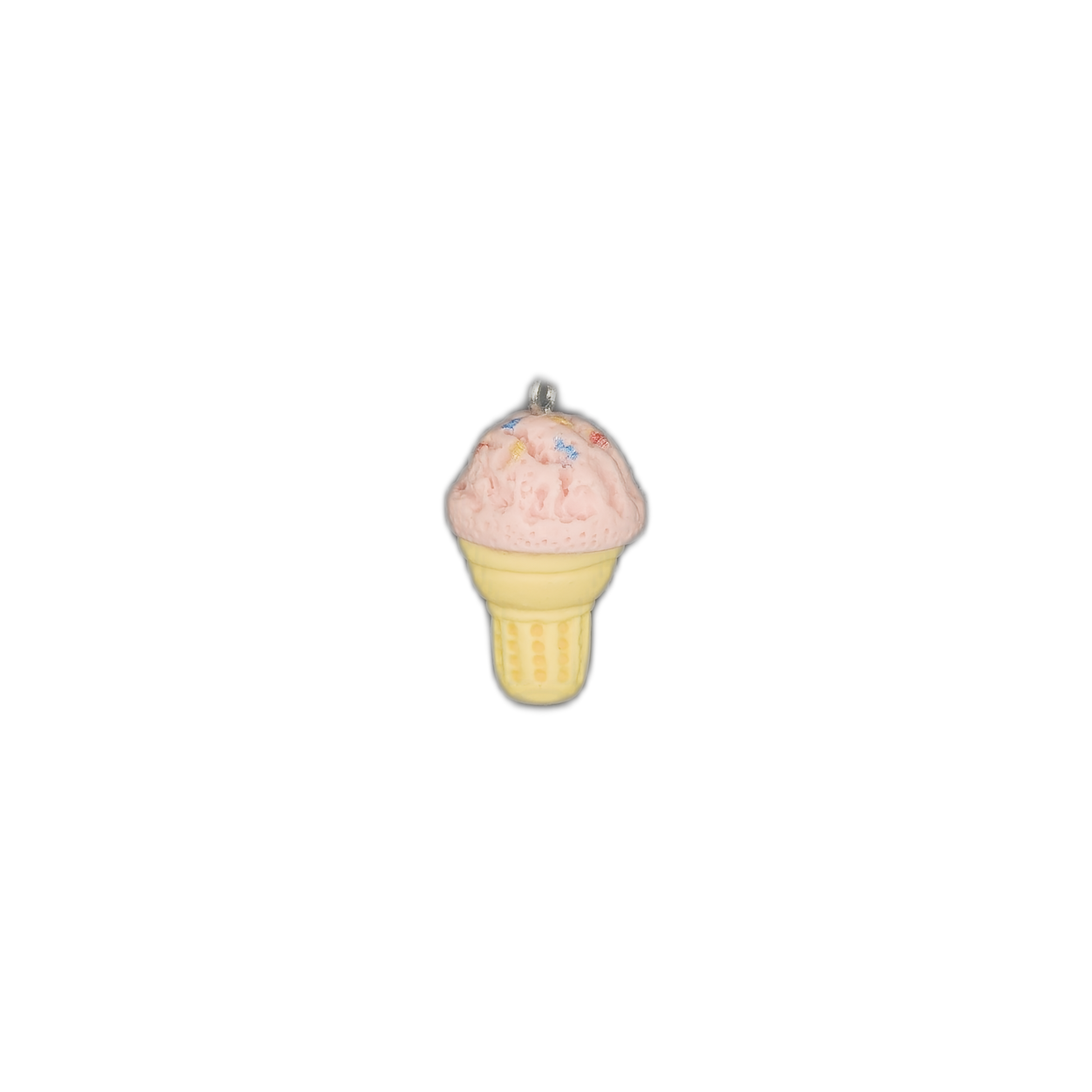 small pink ice cream cone charm centered on black background