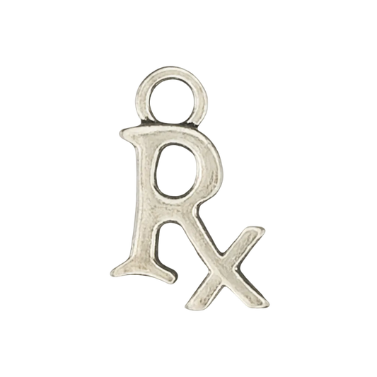 close-up of silver-tone Rx symbol charm on black background