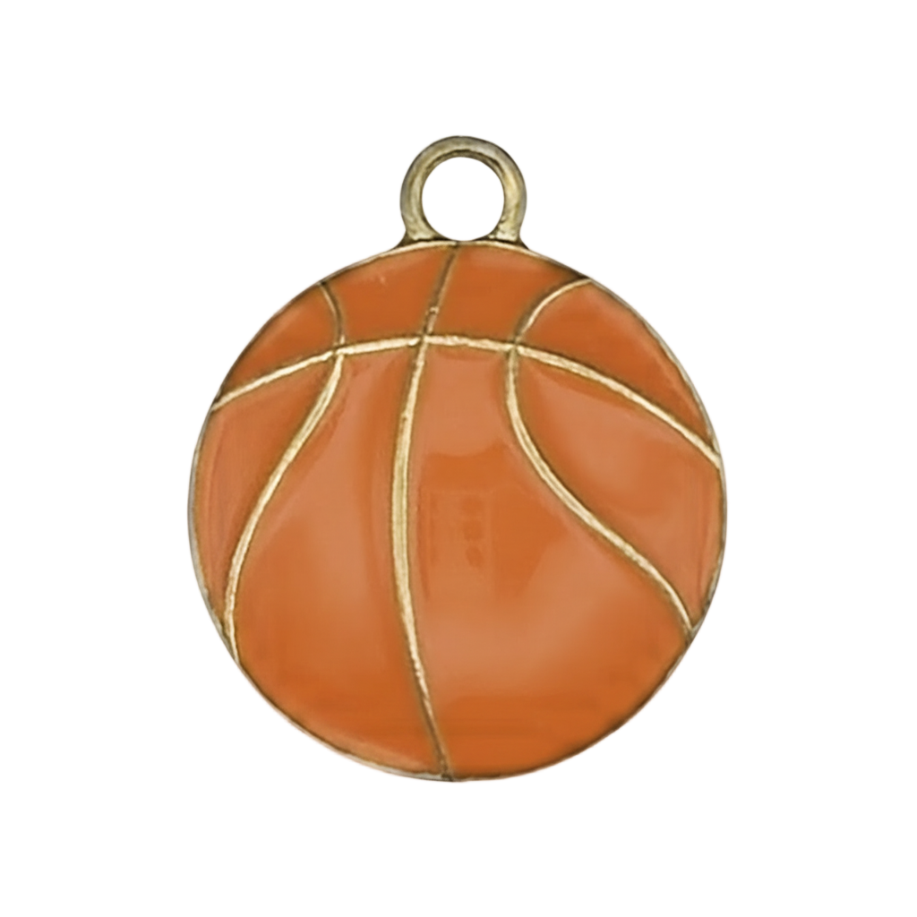 close-up of an orange enamel basketball charm with gold-tone lines on a black background