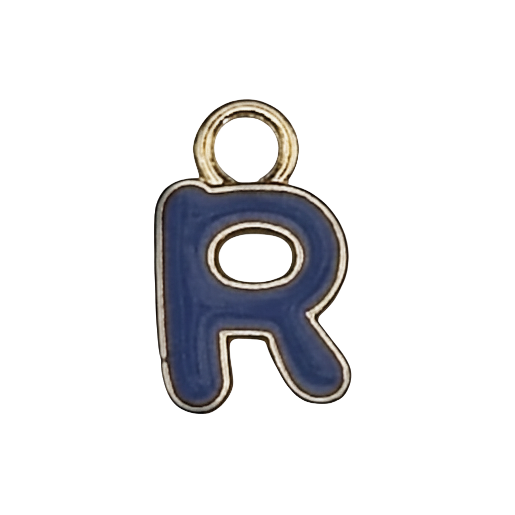 close-up of blue letter R charm with gold-tone outline