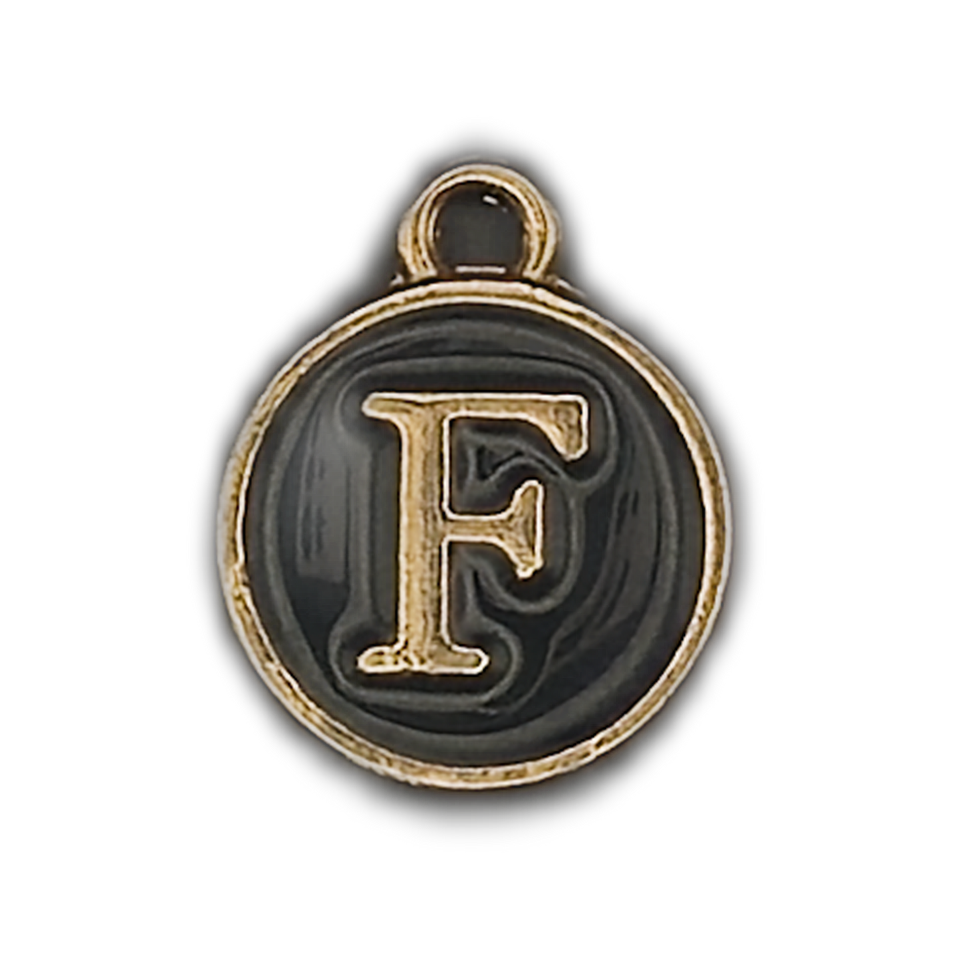 round black enamel charm with gold letter F