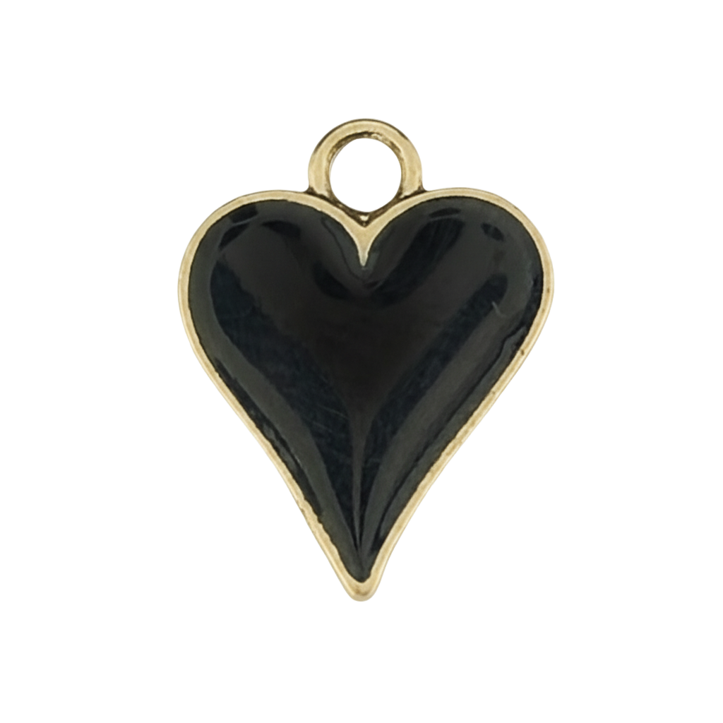 close-up black enamel heart charm with gold outline on a black background