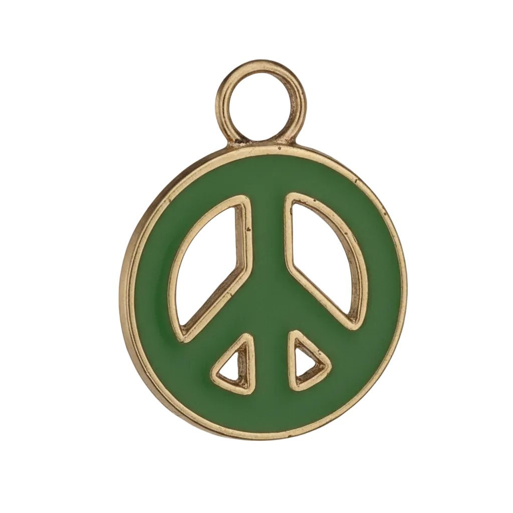 close-up of a small round green peace sign charm with gold-tone edge on a black background